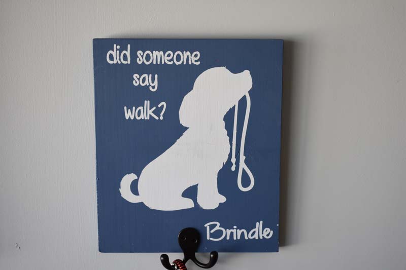 Wood sign with a dog outline that says did someone say walk