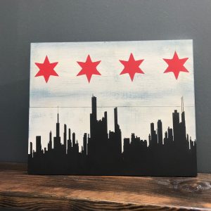chicago skyline and stars on wood board